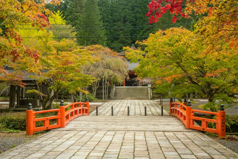 the steps leading to a japanese garden with bright orange railings