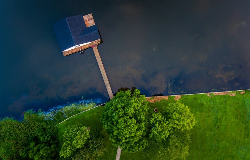 a po of a dock and grass with water in the background