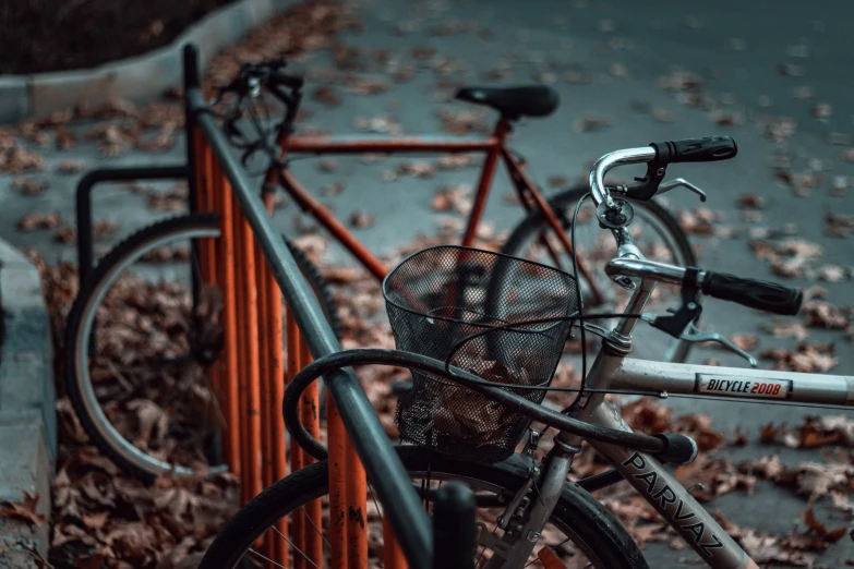 a close up of a bicycle parked on the side of a road