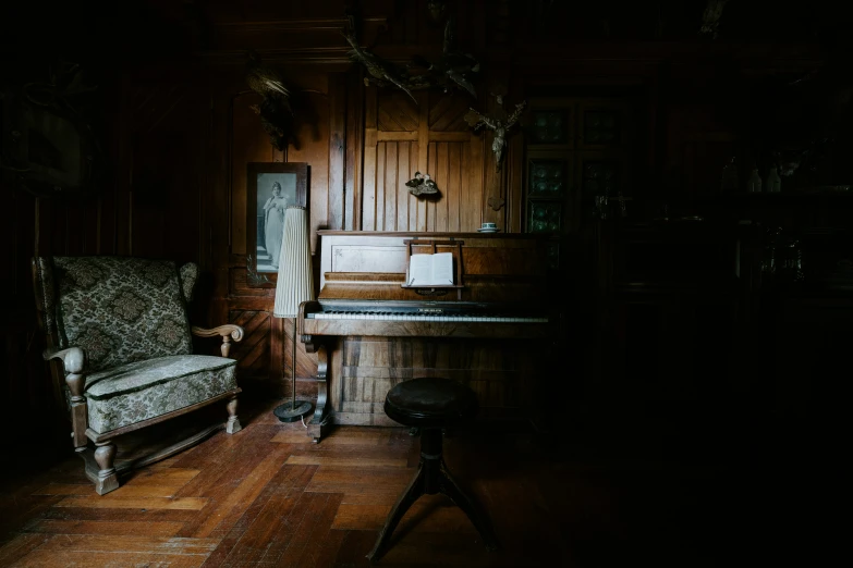 a piano that is in a room with wooden walls