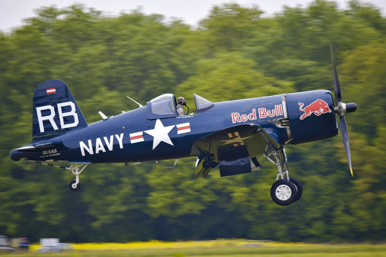 a navy fighter plane flying above a field of trees