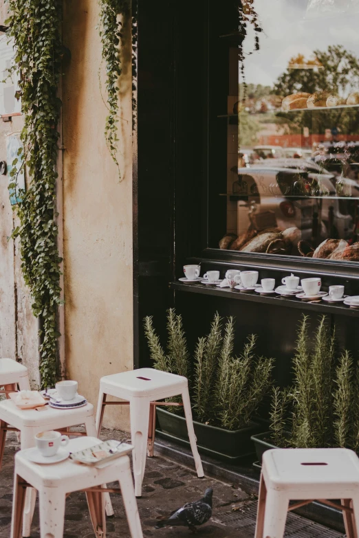 some white plastic chairs in front of a restaurant