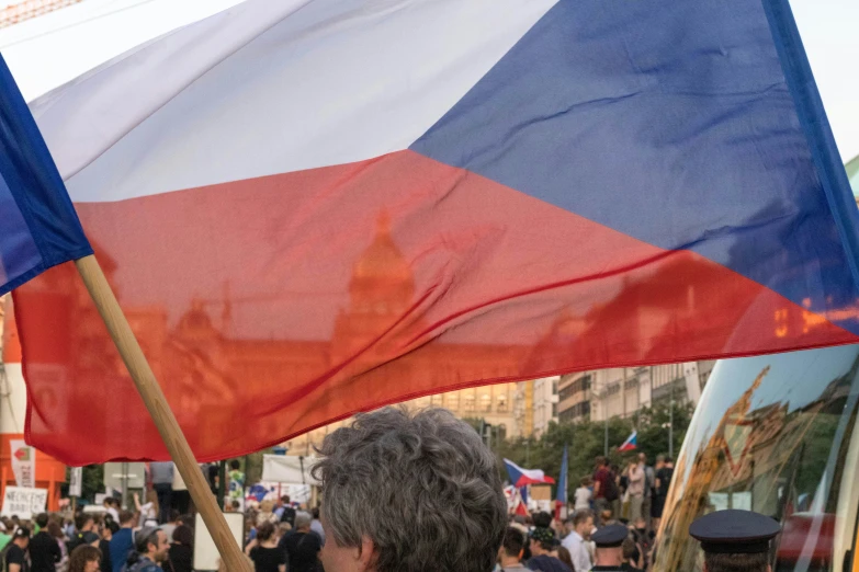 people carrying flags on a city street