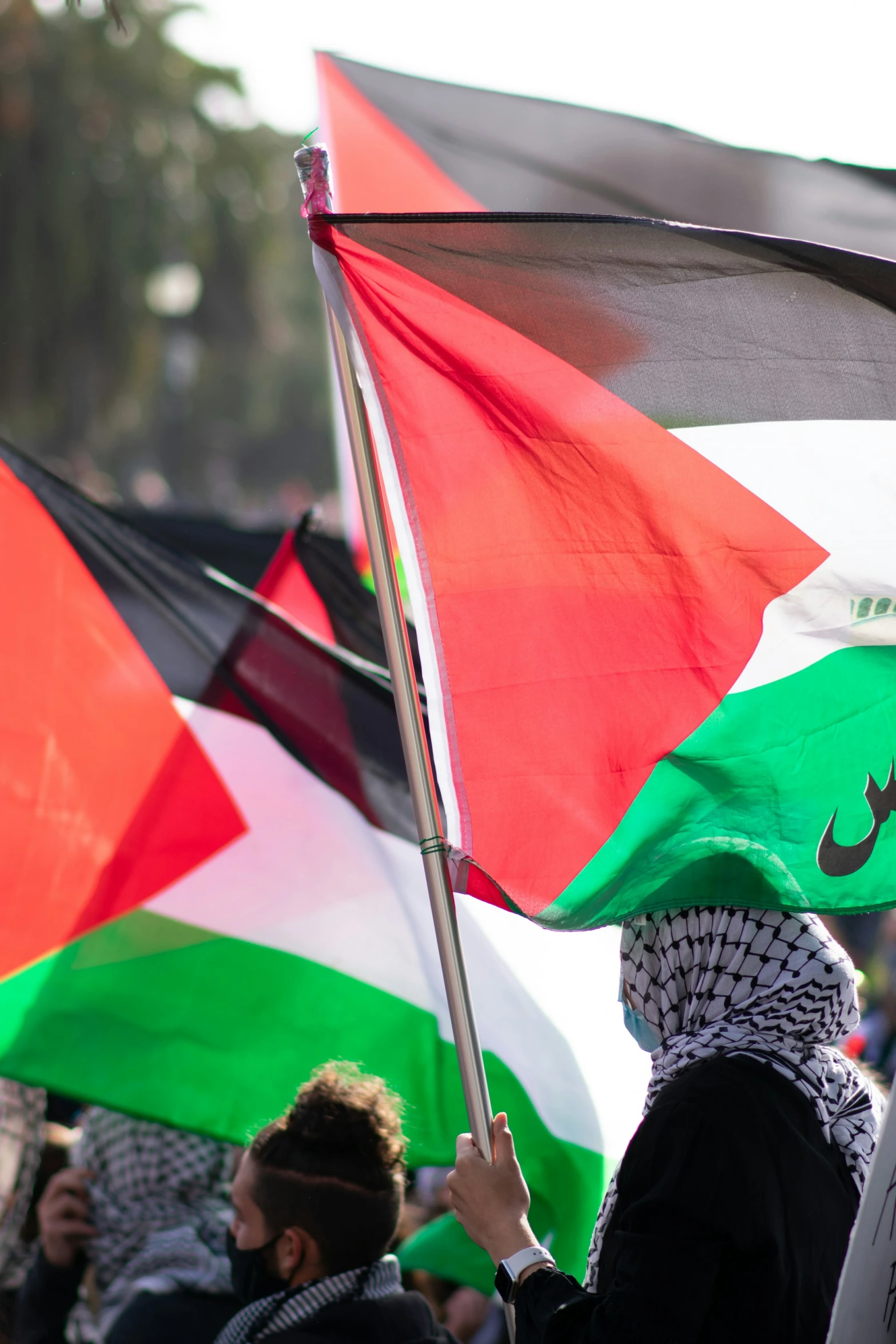 several people in front of some buildings with flags