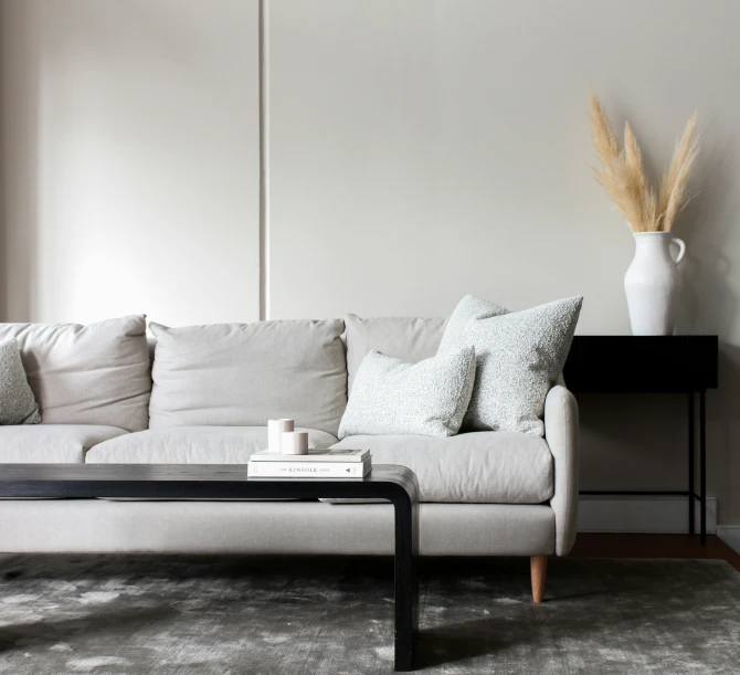 a white couch and a black coffee table