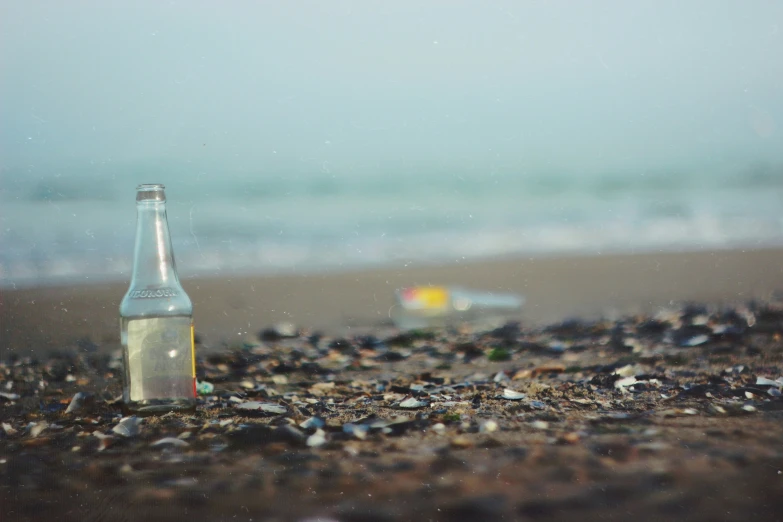 a bottle of beer on the ground next to an ocean shore