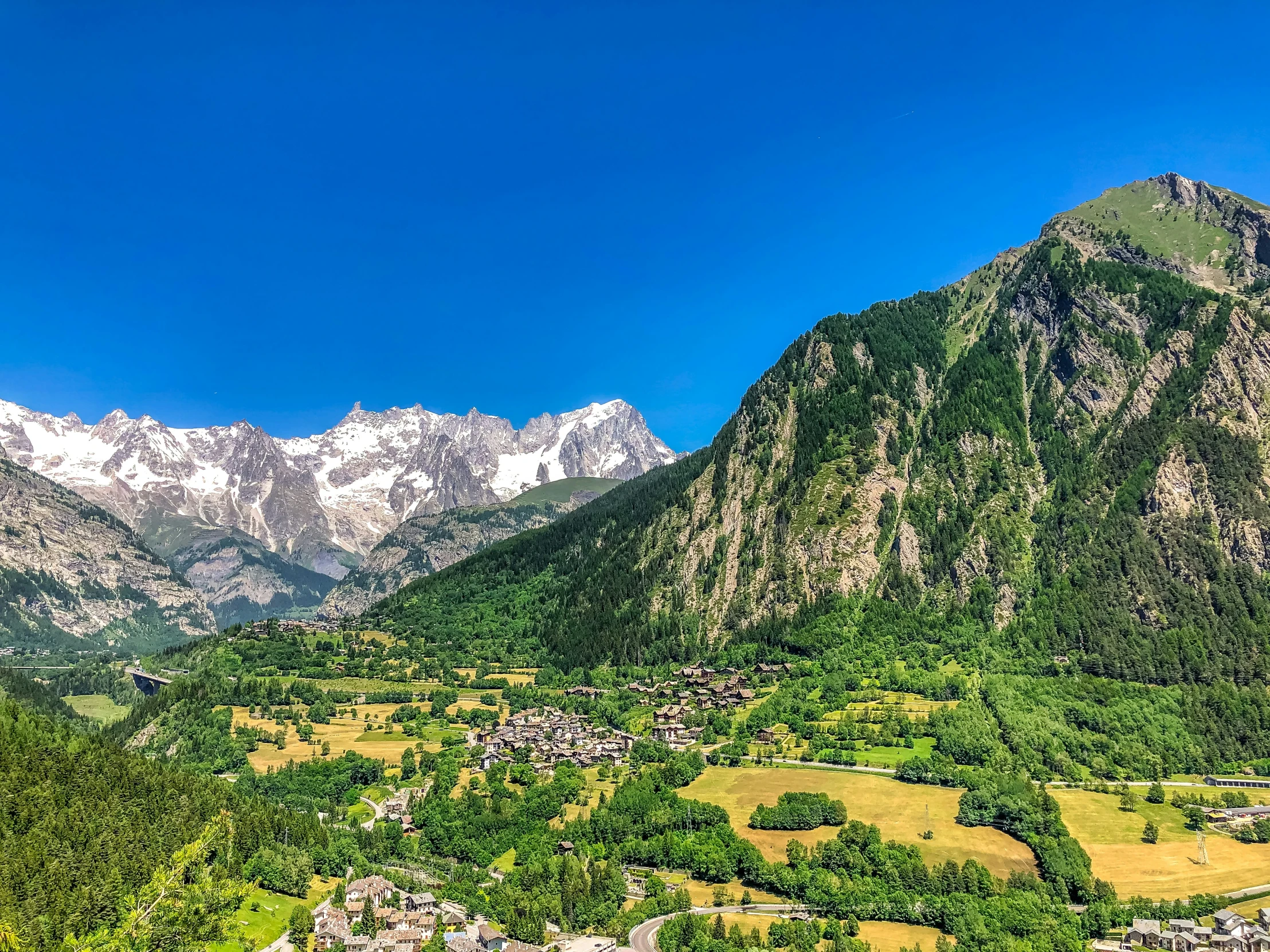 beautiful mountains covered in snow and green grass