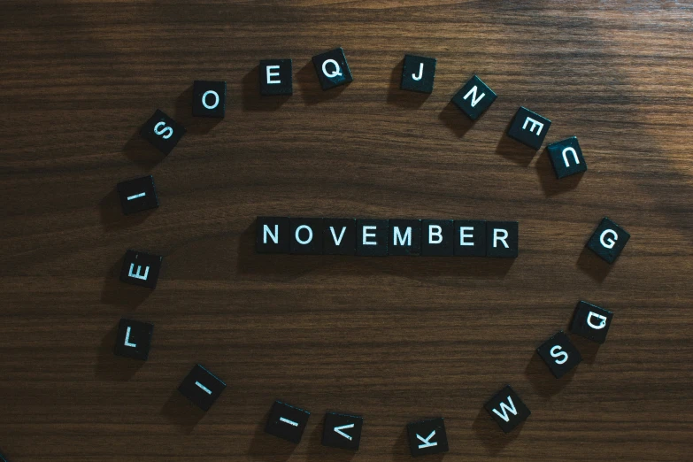 wooden type blocks arranged in the shape of the word november with the words below them