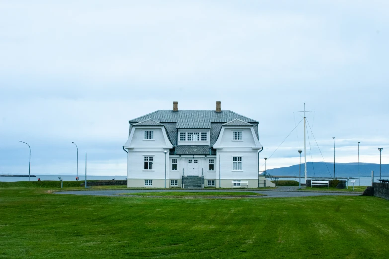 a house sits in an empty field on an overcast day