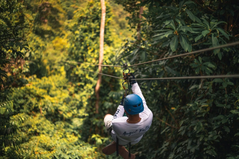 a man is hanging in the air while being zip - lines