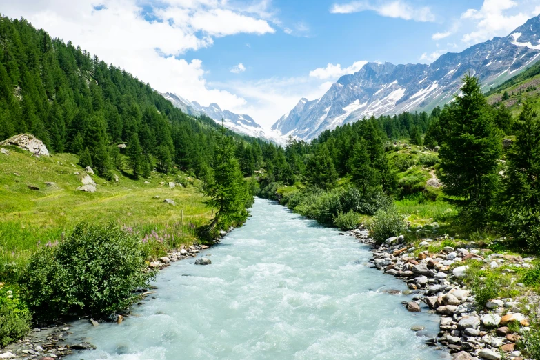 there are mountains behind the stream and rocks below