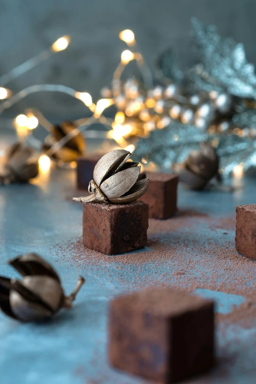 some food items sit on a table with some lights