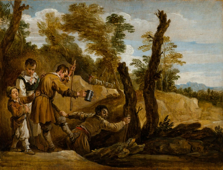 painting of man holding a paintbrush over two children