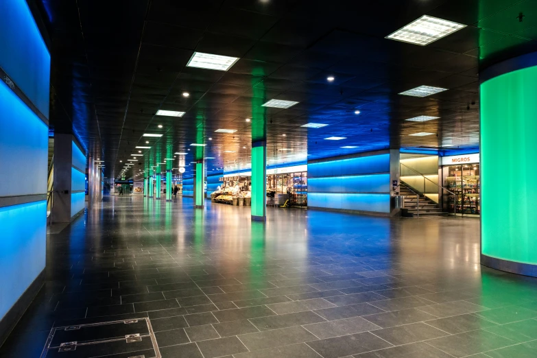 an indoor area with lots of neon green light