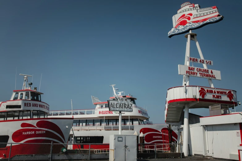 this is a ship with the large sign over it