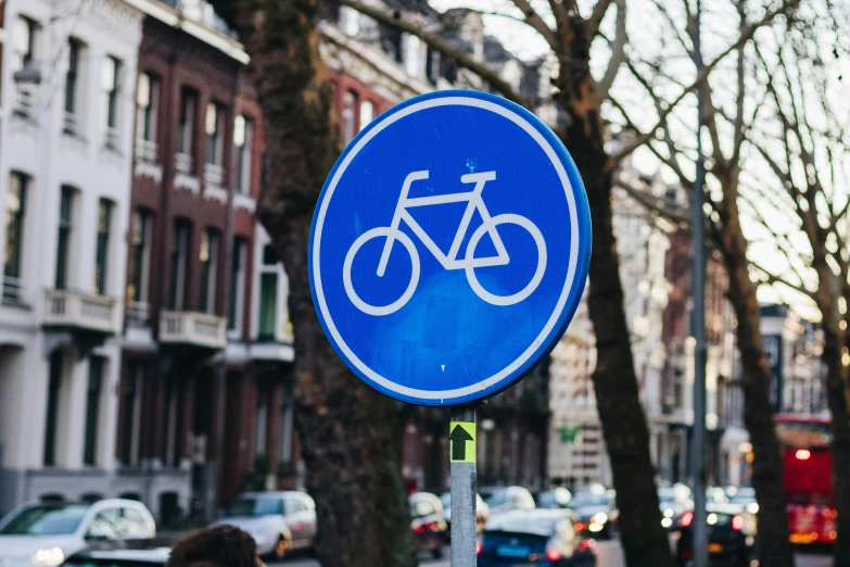 the bicycle sign is on the pole by the trees