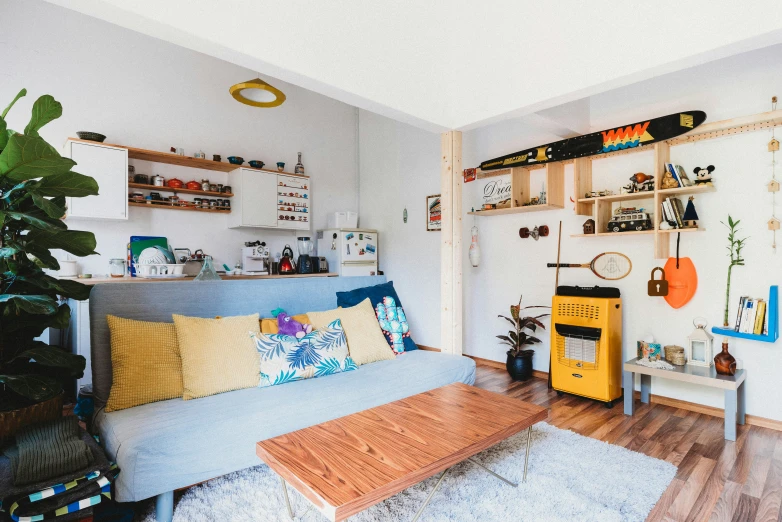 a living room has several shelves and a gray couch