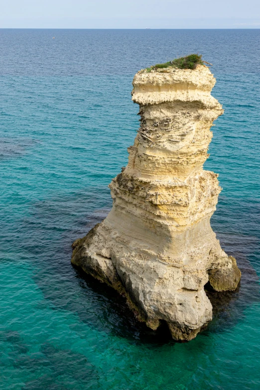 a lone tree grows on a rock outcropping in the middle of a body of water