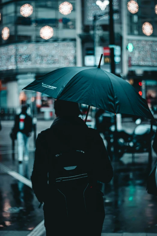 person walking in the rain holding an umbrella