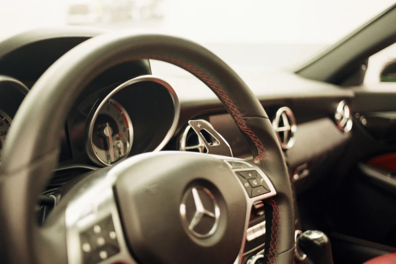 there is a steering wheel on a car