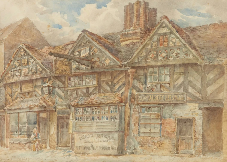 a painting of old fashioned houses that have been drawn in pencil