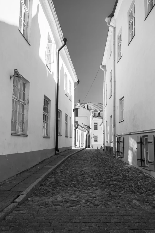 two white buildings and a brick street with windows