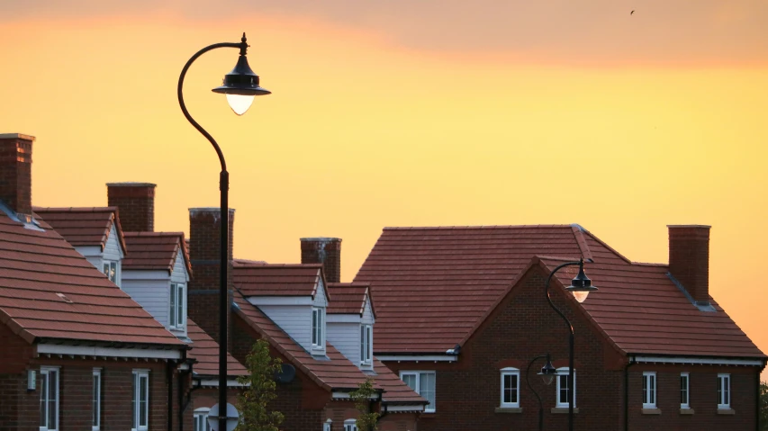 a street light is in front of some houses