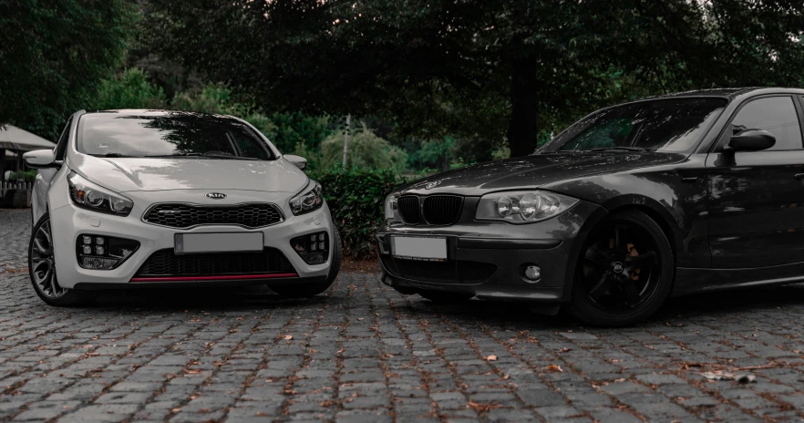 two cars parked next to each other near trees