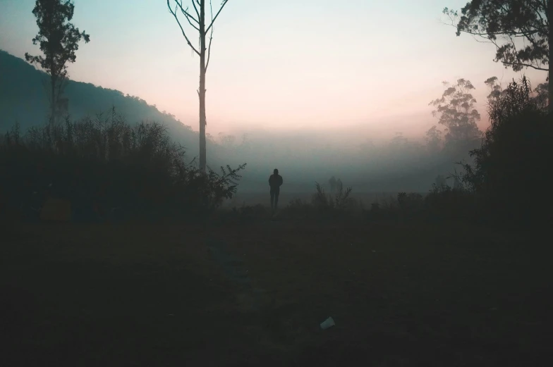 a silhouette of a person standing on top of a grass covered hillside