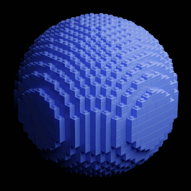 a very colorful, blue lego style ball on black background