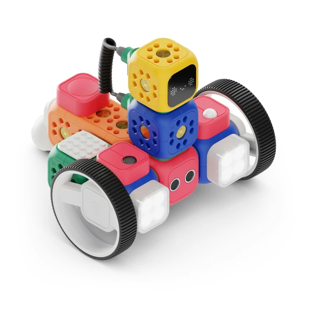 a toy car with wheels that has different colored parts