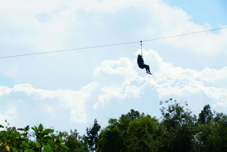 the man is in the air while performing stunts on wires