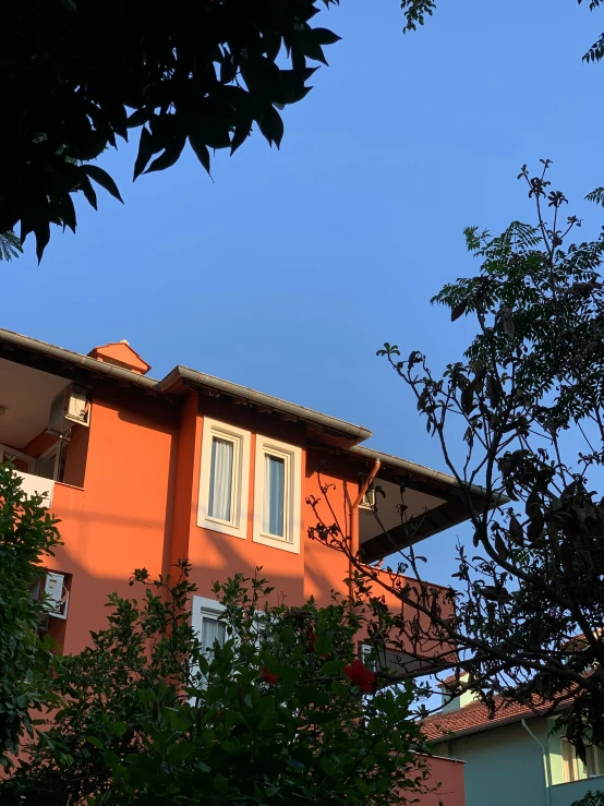 a very orange house with a window next to trees