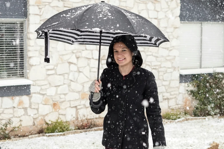 woman with umbrella walking in snow during winter