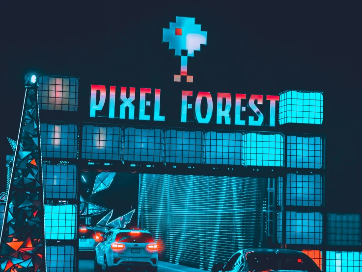 a pixel forest sign on the entrance of a city