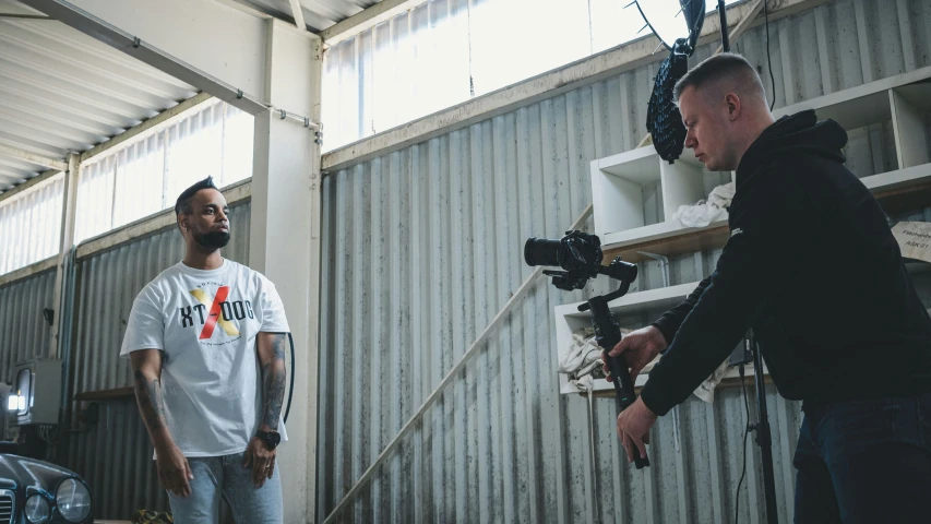 the two guys are having fun recording what is in the camera