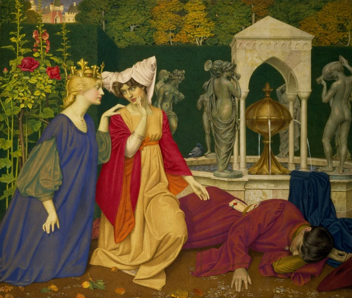 a painting with three people with flowers and vines in front of it