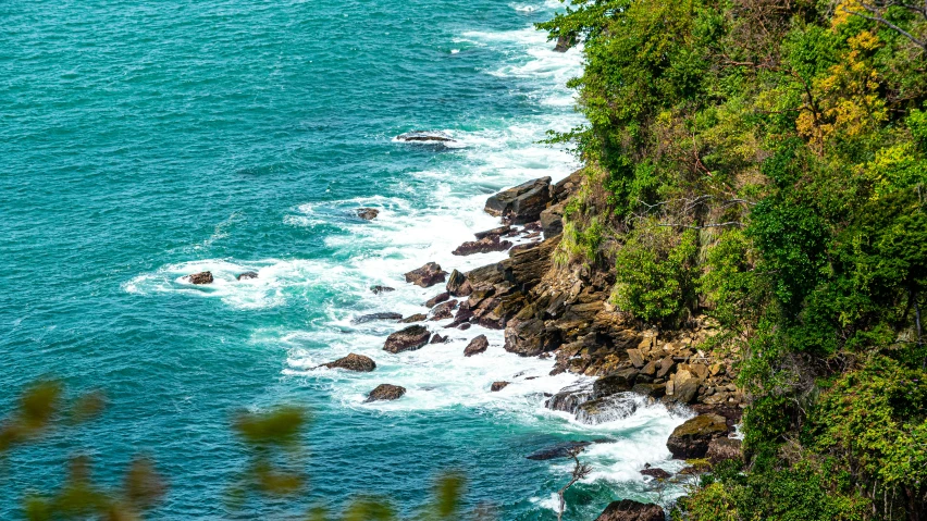 the ocean has a rocky shoreline surrounded by greenery