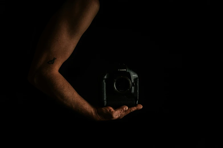 a black background with a person's arm holding an old camera