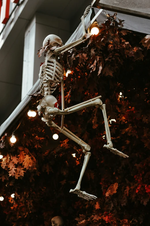 an outside decoration of a skeleton on a pole