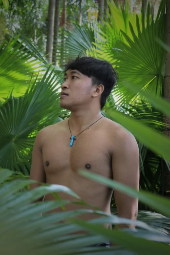 a man standing in the jungle looking at soing