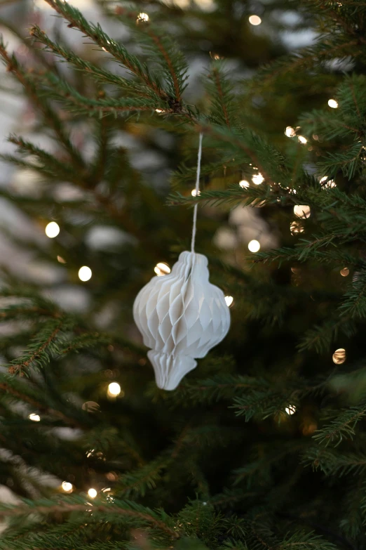 a small hanging ornament on a tree with lights