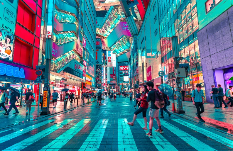 several people are walking in a shopping district