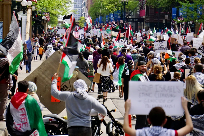 a large crowd of people walk down the street