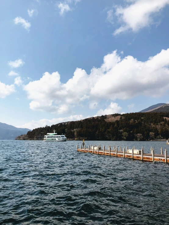 a beautiful lake and dock that connects two piers