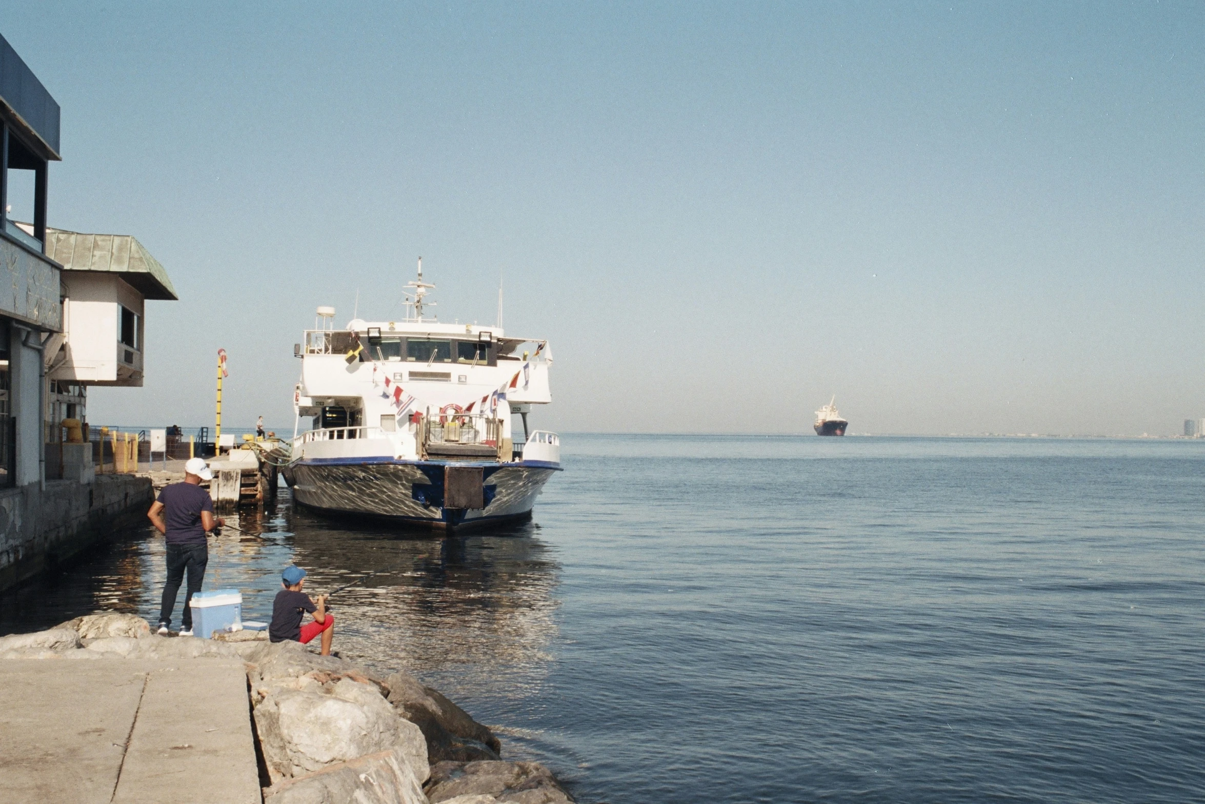 people at the shore by a white ferry docked in a bay