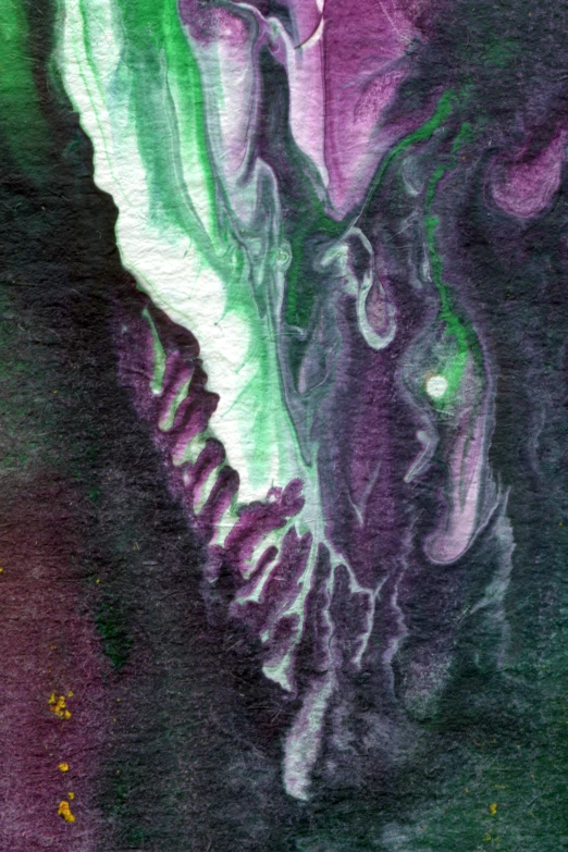 the art work is an abstract painting in a green and purple palette