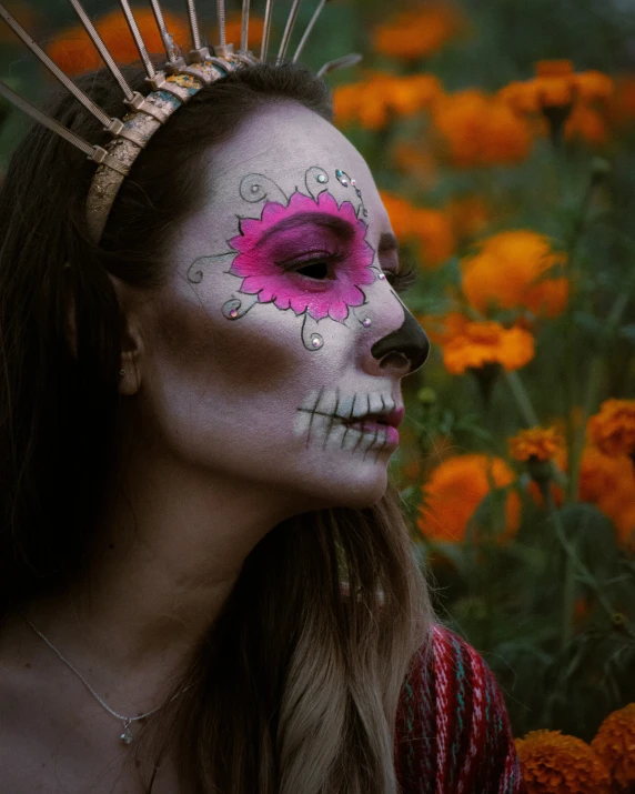 woman with white and pink sugar skull makeup