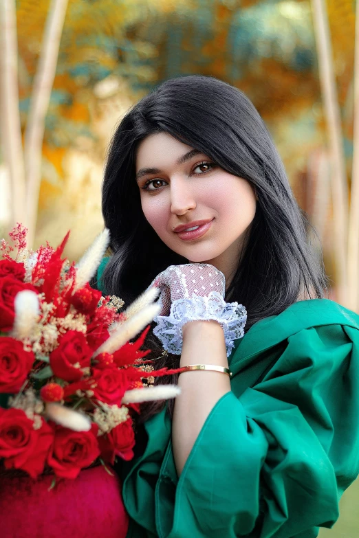 a woman in green holding a bouquet of flowers