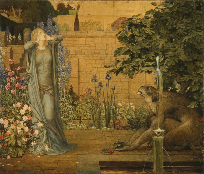 a painting depicting a female in a garden with flowers